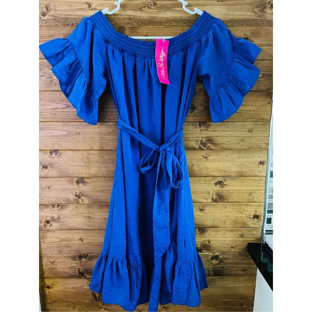 Lilly Pulitzer Royal Blue Maddlyn Off Shoulder Dress Tie Belt - Sample